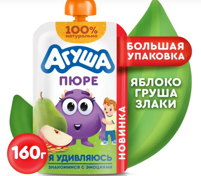 Пюре фрукт Агуша Яблоко/Груша/Злаки160г д/п